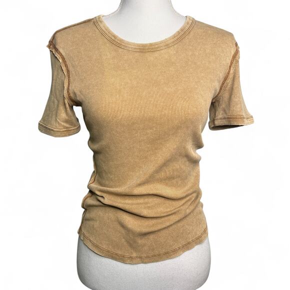 Zara Size Medium Tan Rib Knit Distressed Basic Fitted TShirt Top Cotton Stretch - Picture 2 of 10